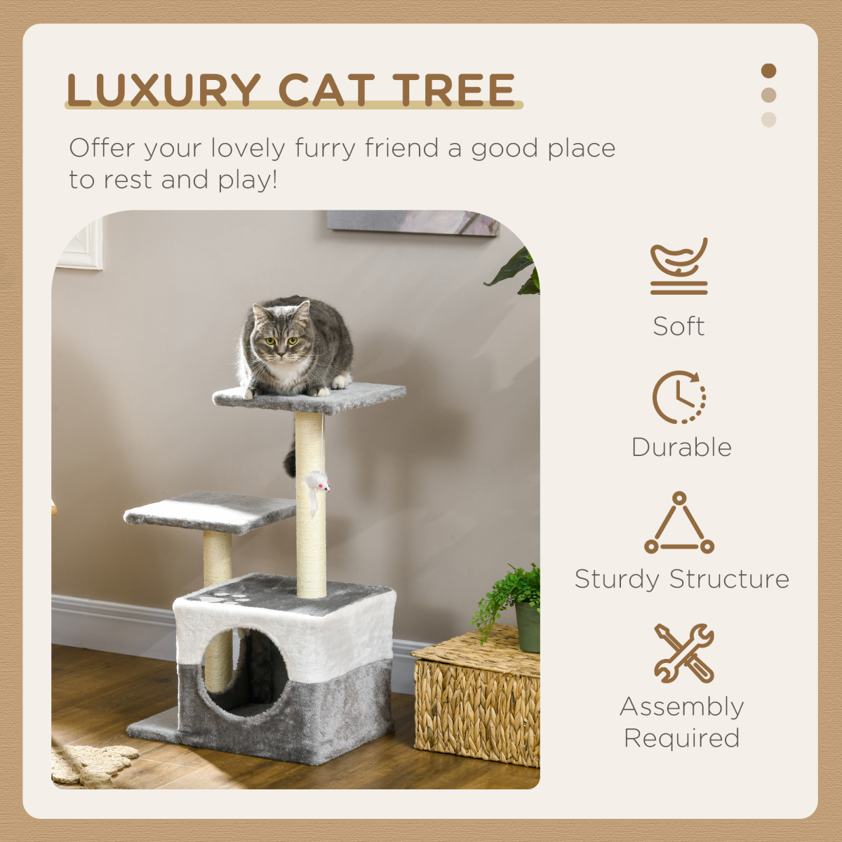 PawHut Cat Tree w/ Sisal Scratching Posts, House, Perches, Toy Mouse - Grey