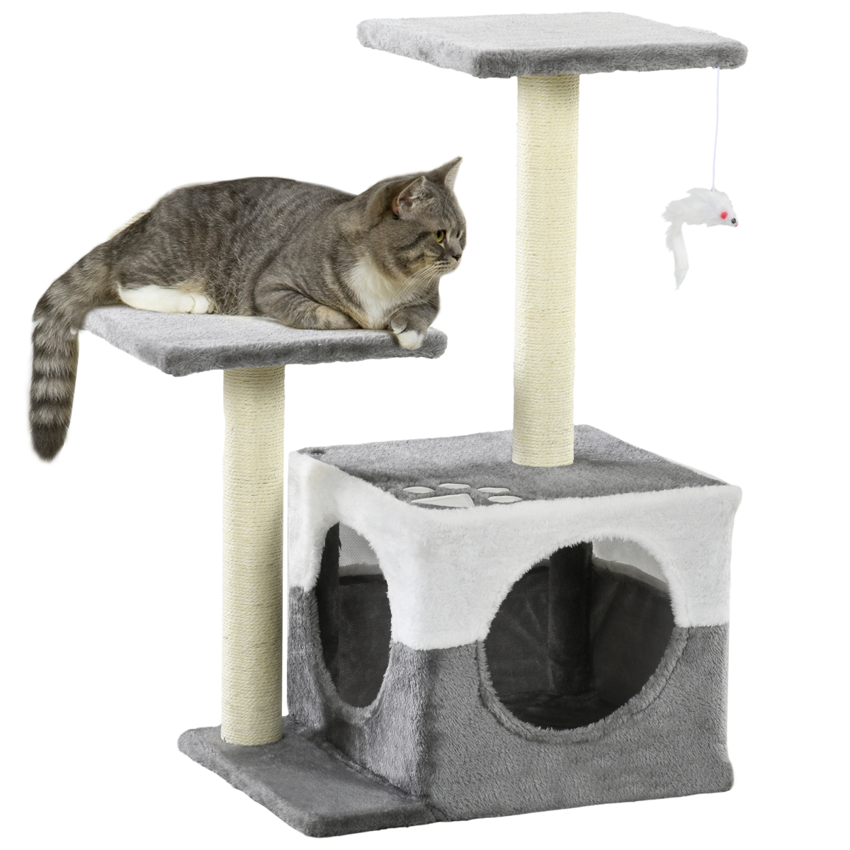 PawHut Cat Tree w/ Sisal Scratching Posts, House, Perches, Toy Mouse - Grey